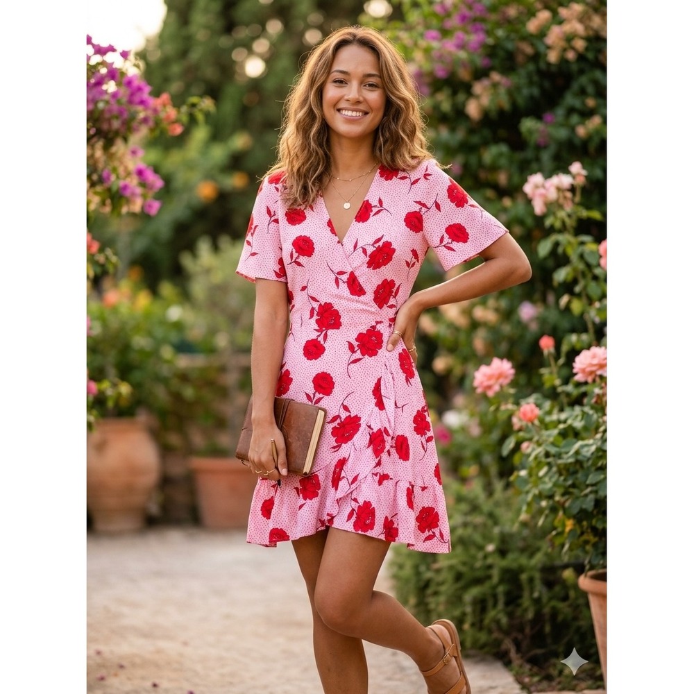 Lush Pink Red Floral Polka Dot Ruffle Wrap Dress Short Sleeve Size M coquette